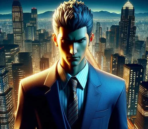 a man in a suit and tie standing in front of a city