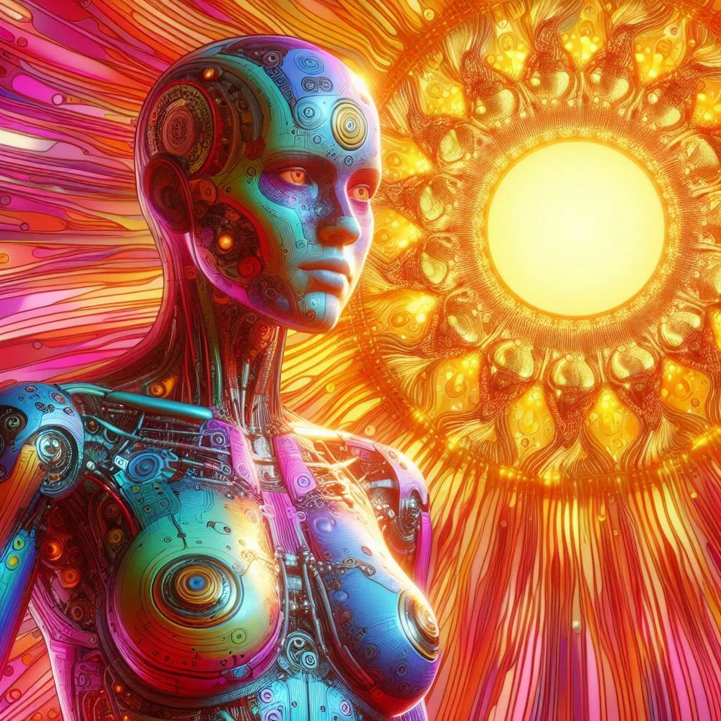 a woman with a futuristic body standing in front of a sun