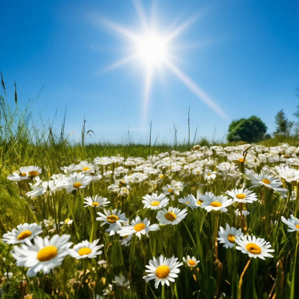 a field full of white daisies under a blue sky