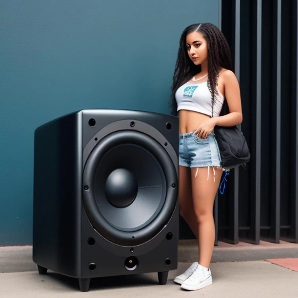 a woman standing next to a large speaker