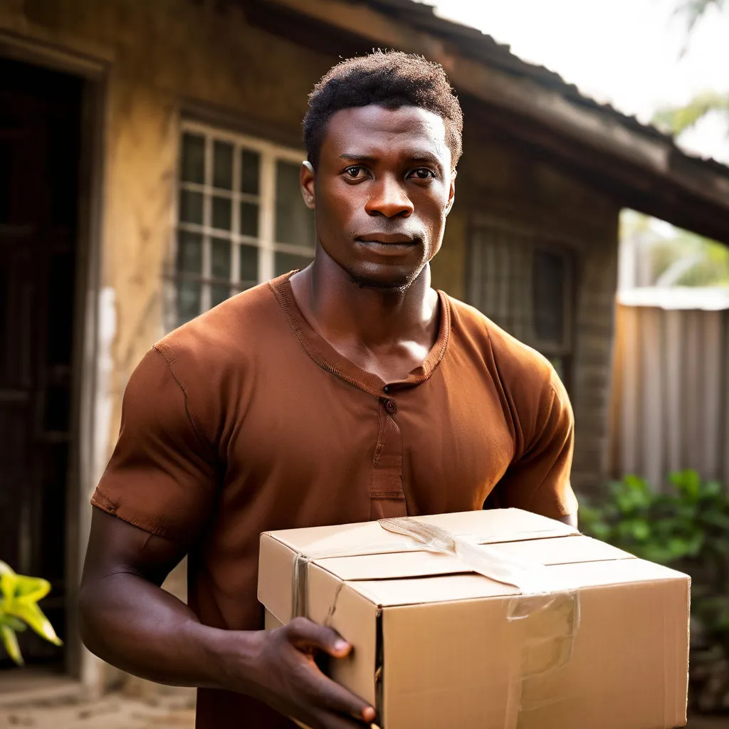 a man holding a box in front of a house