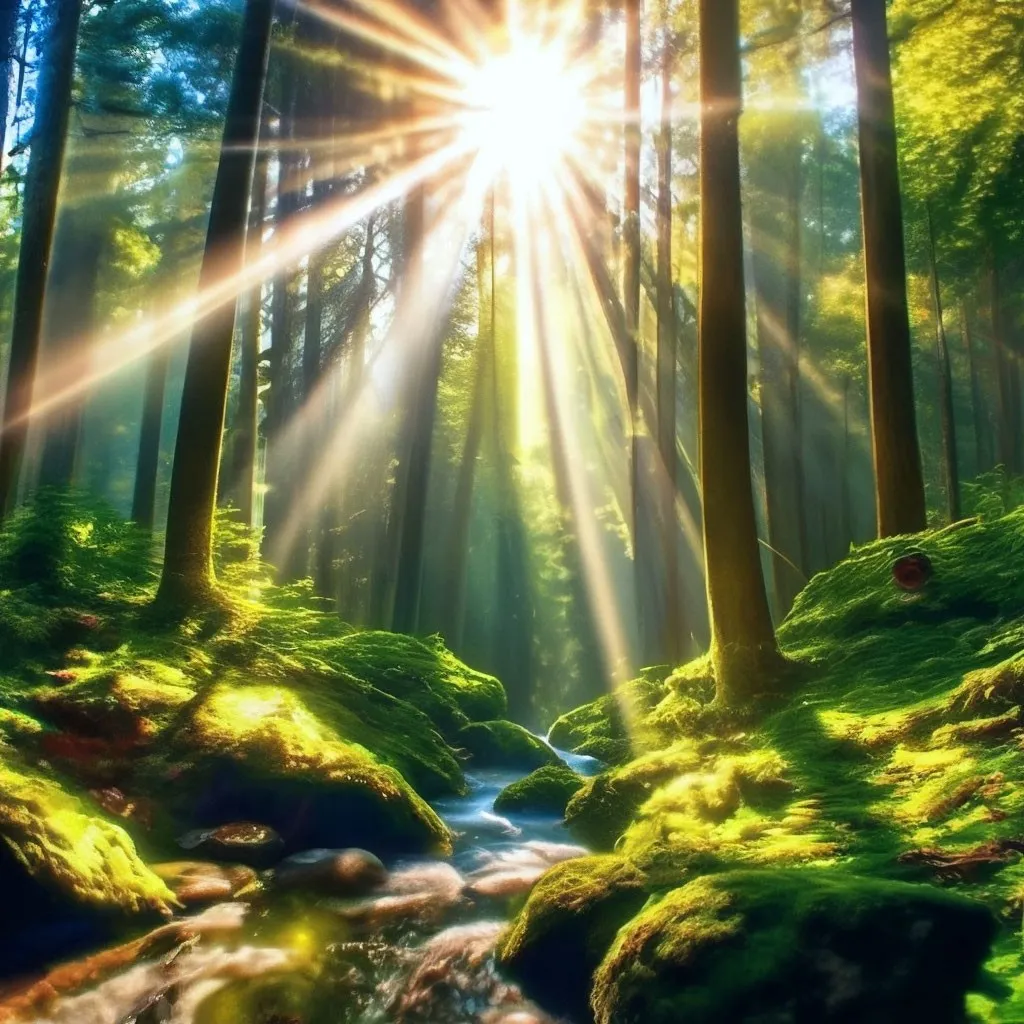 the sun is shining through the trees in the forest