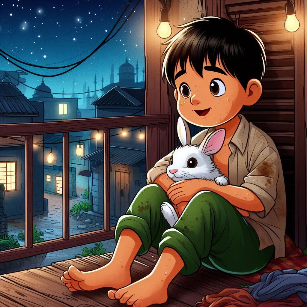 a boy sitting on a porch holding a rabbit