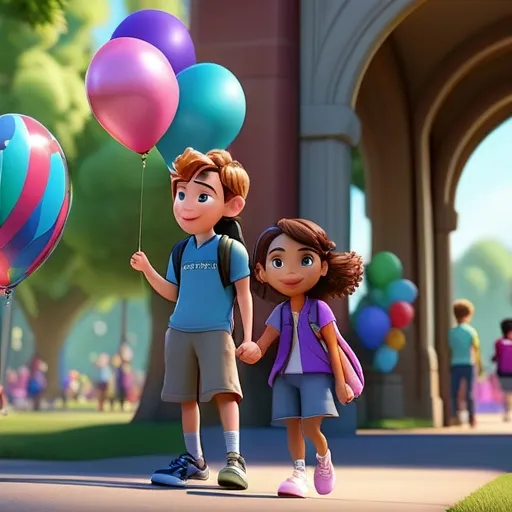 a boy and a girl are holding balloons