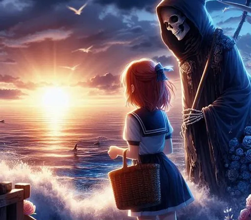 a painting of a girl and a skeleton by the ocean