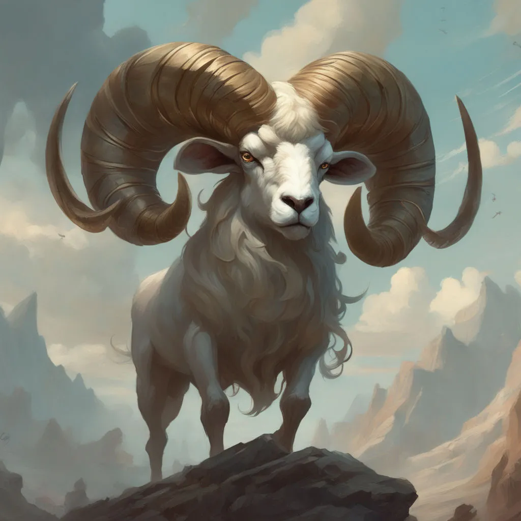 a painting of a ram standing on top of a mountain