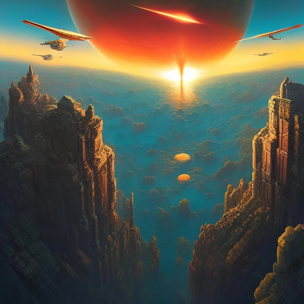 a painting of a sci - fi scene with a distant planet in the background