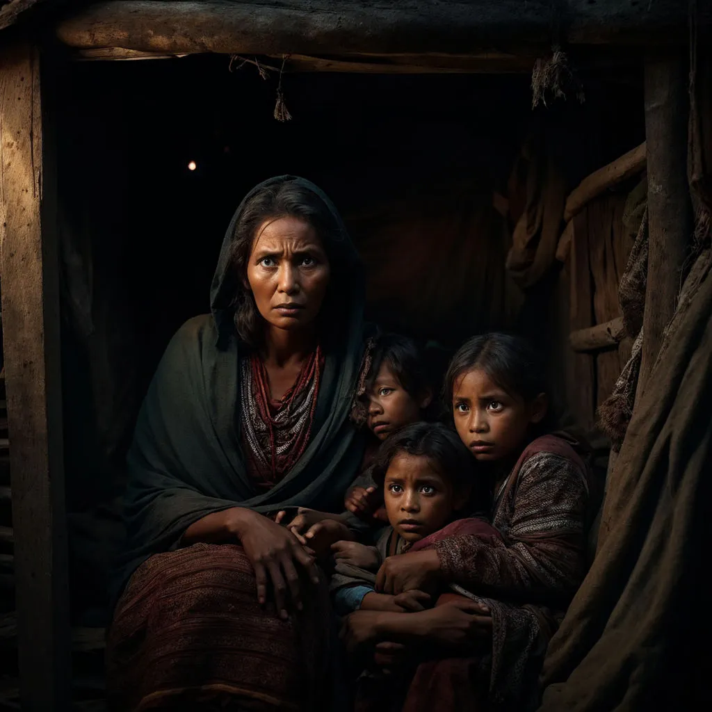 Mama Ada and her children huddled together in their hut, their expressions tense with fear as they try to make sense of the sinister events unfolding around them.