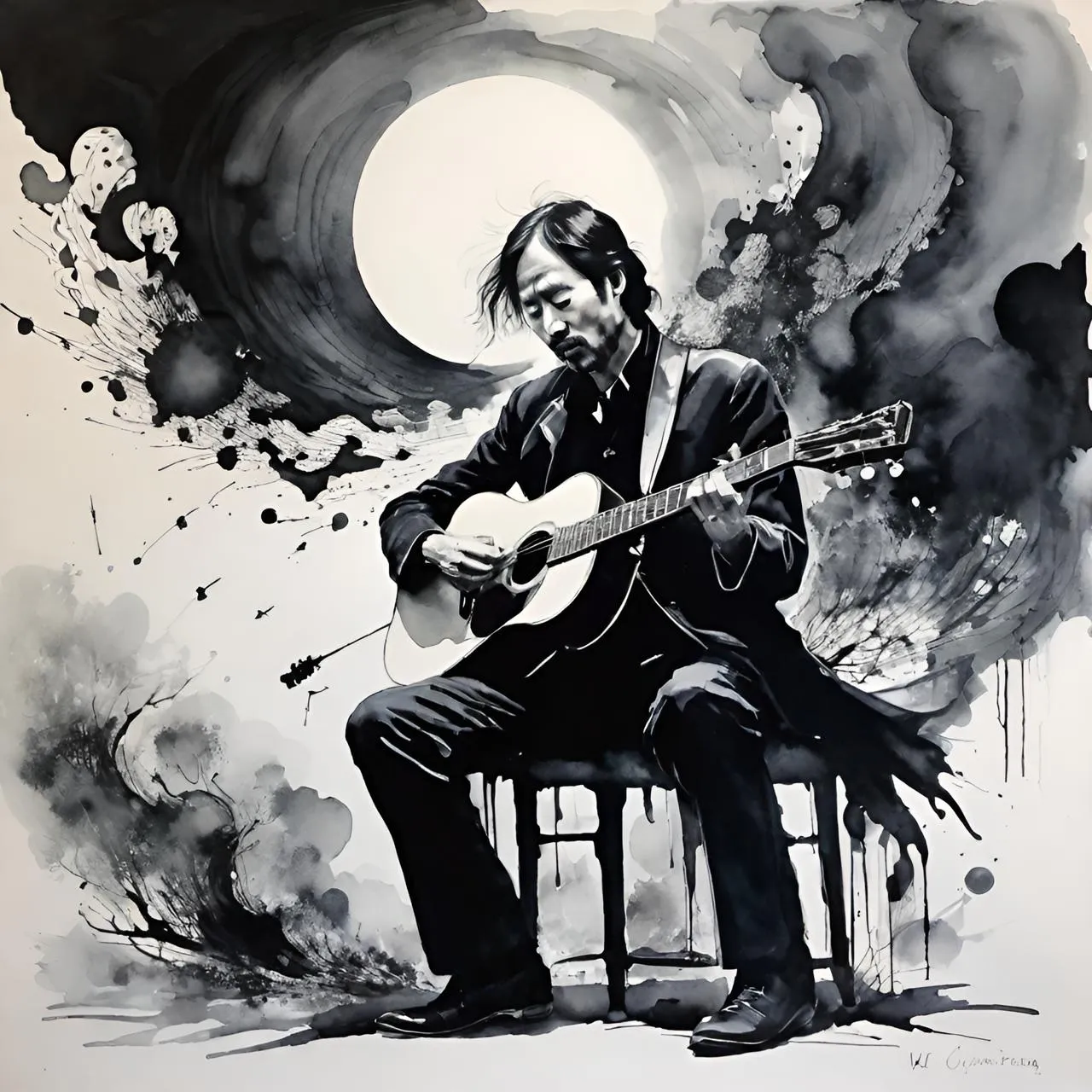 a painting of a man playing a guitar