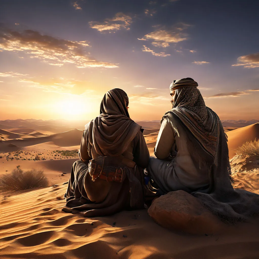 a couple of people sitting on top of a desert