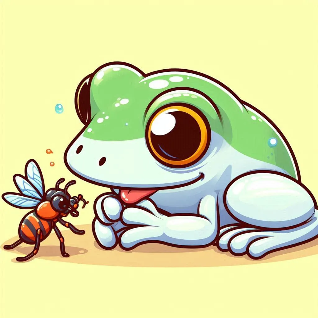 a cartoon frog and a fly on a yellow background