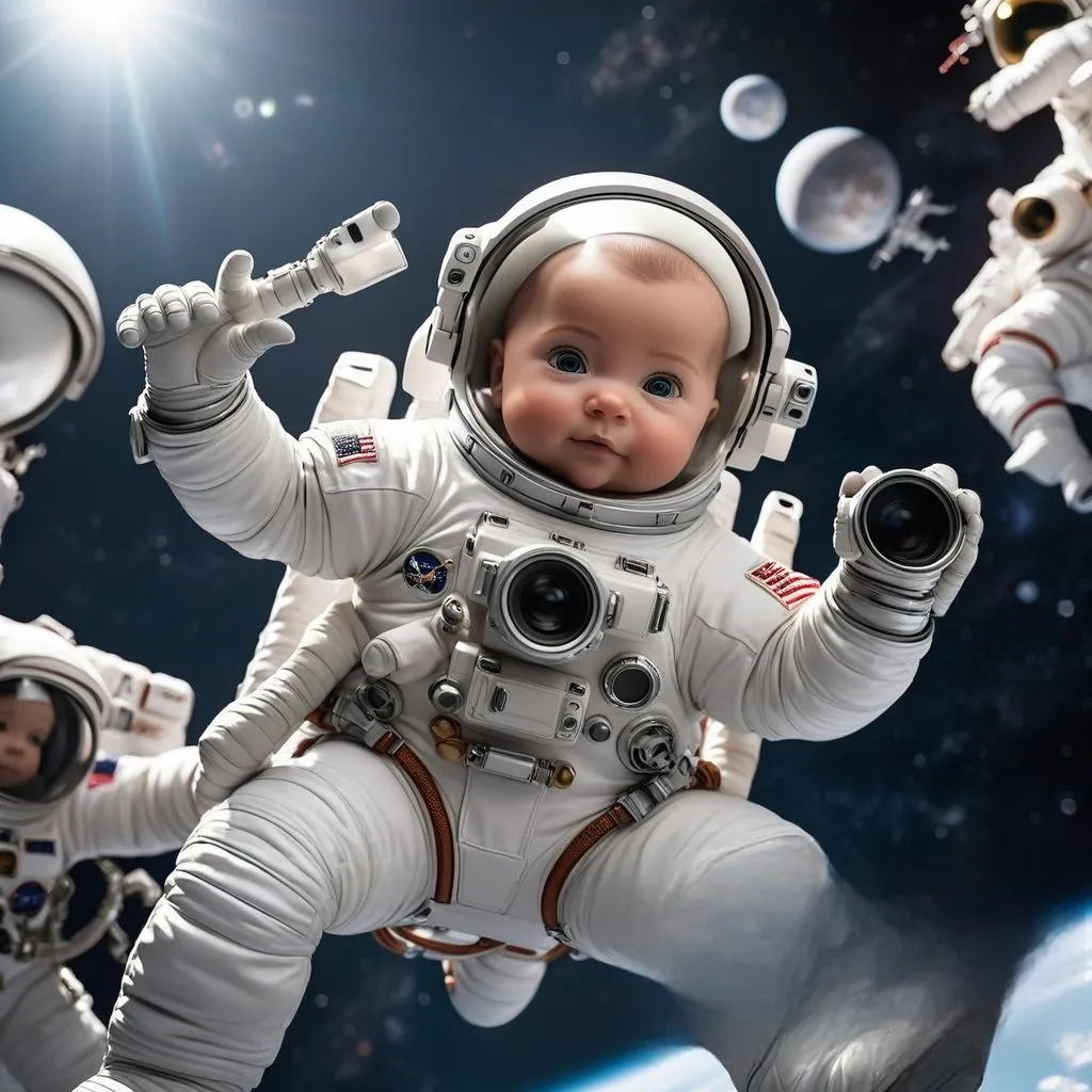 a baby doll in an astronaut suit floating in space