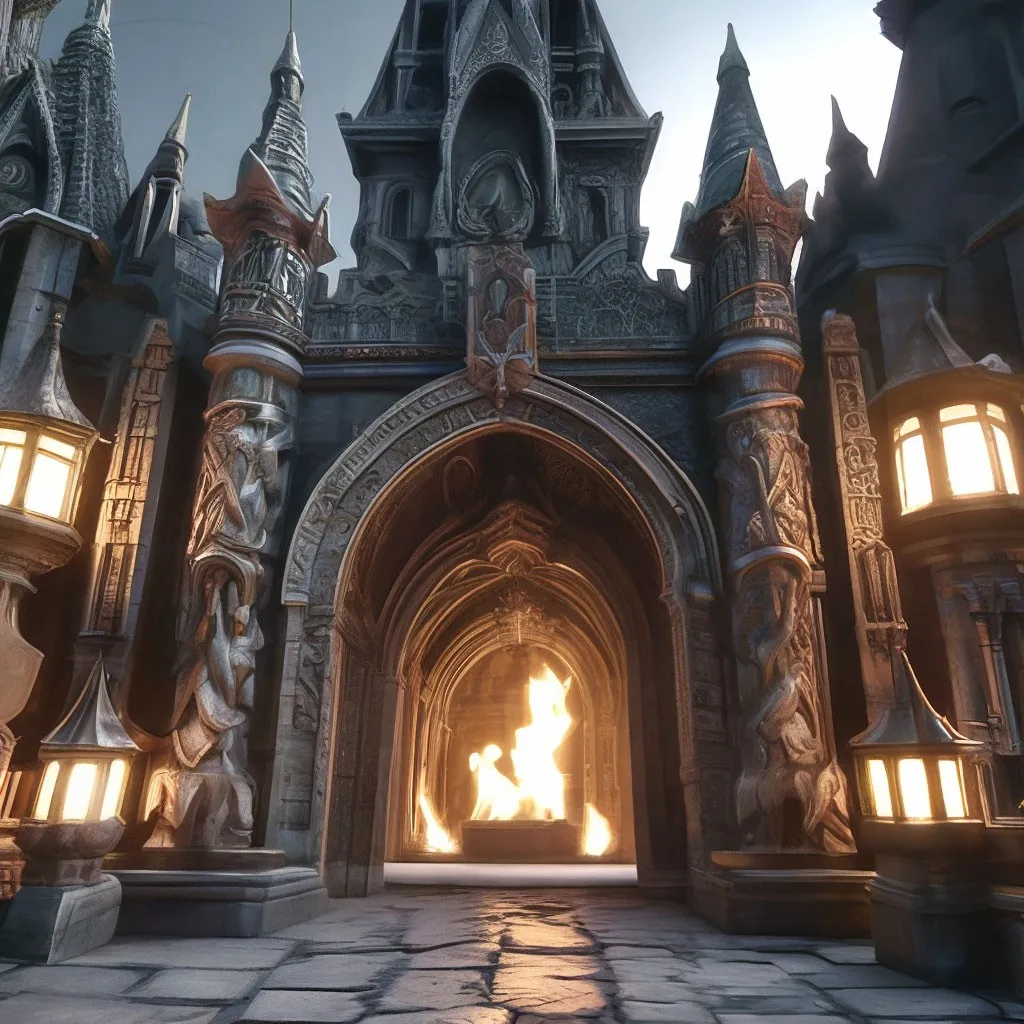 a castle with a fire in the middle of it