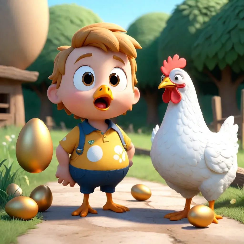 a little boy standing next to a chicken and an egg