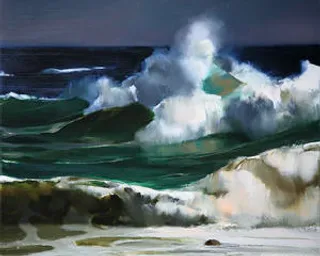 a painting of waves crashing on a beach