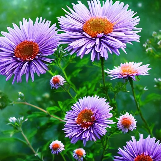 a bunch of purple flowers with orange centers