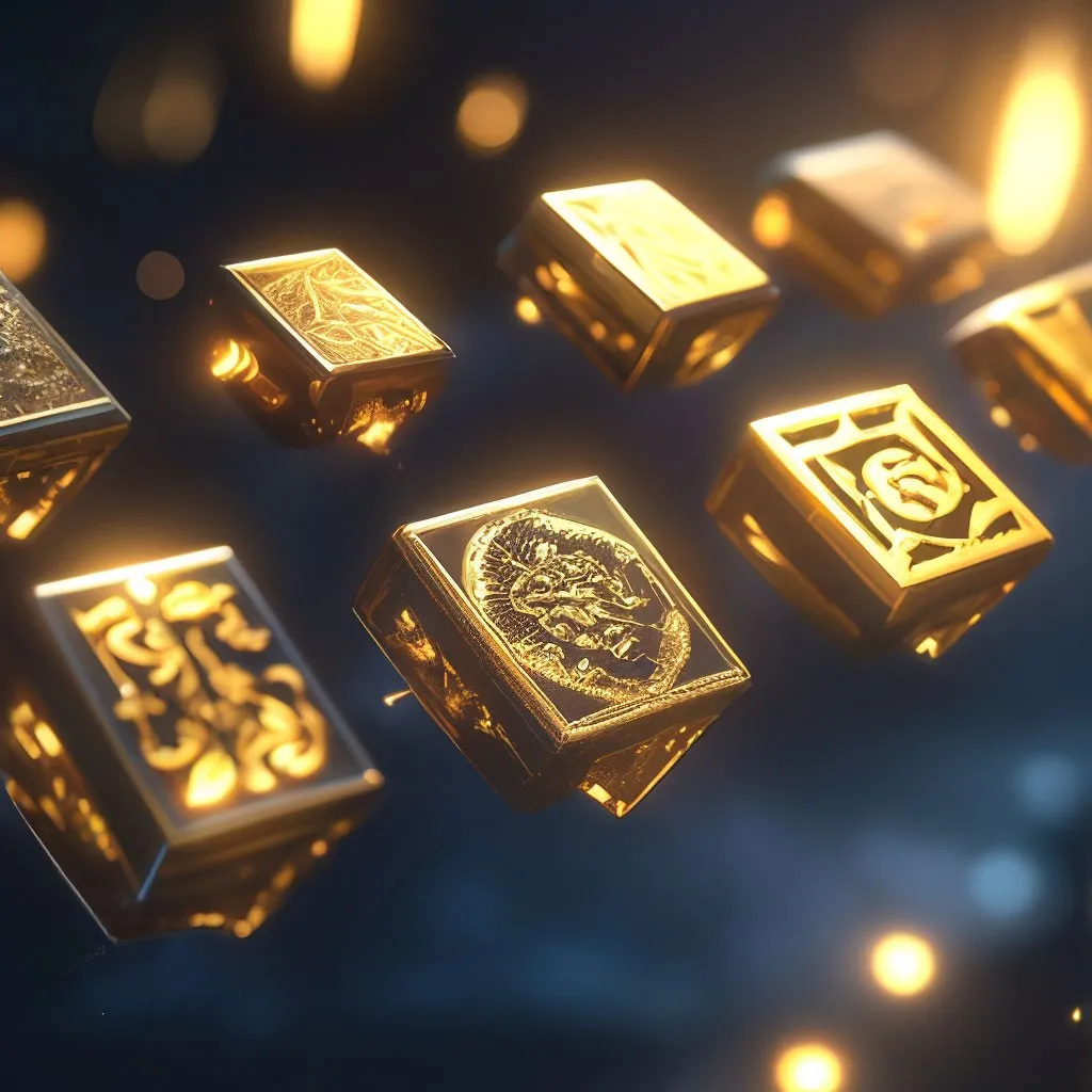 a bunch of gold cubes that are on a table