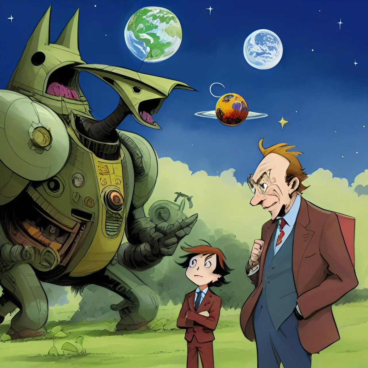 a man standing next to a woman in front of a giant robot