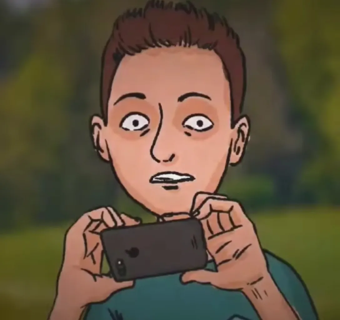 a cartoon picture of a man clcicking photo with a phone.