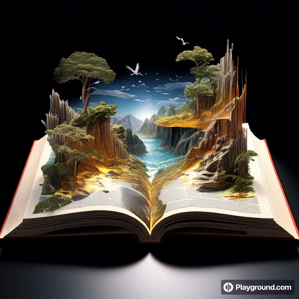 an open book with a landscape inside of it