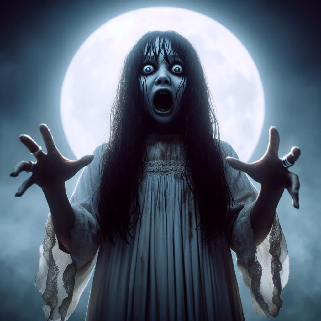 a creepy ghost woman with her hands out in front of a full moon