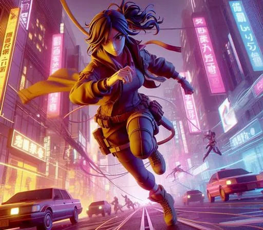 a woman running through a city at night