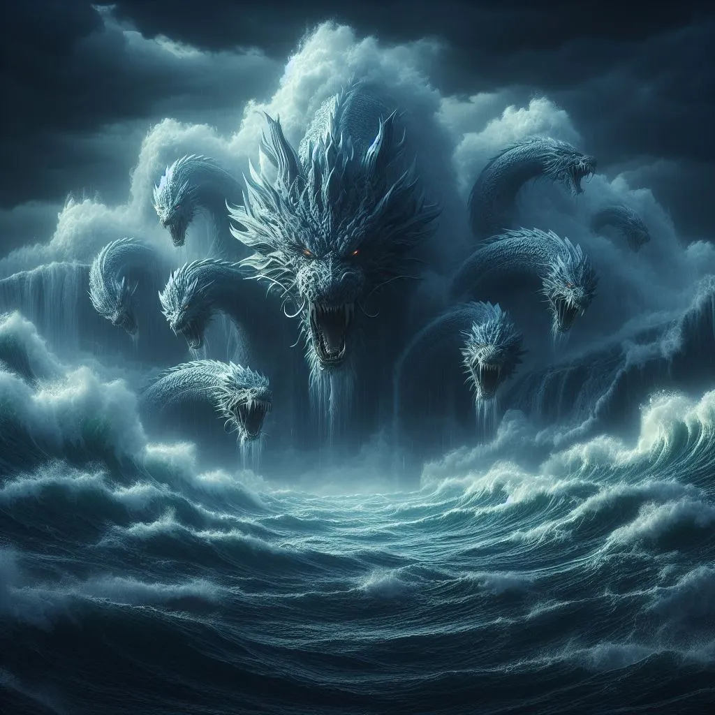 a painting of a monster in the middle of a body of water