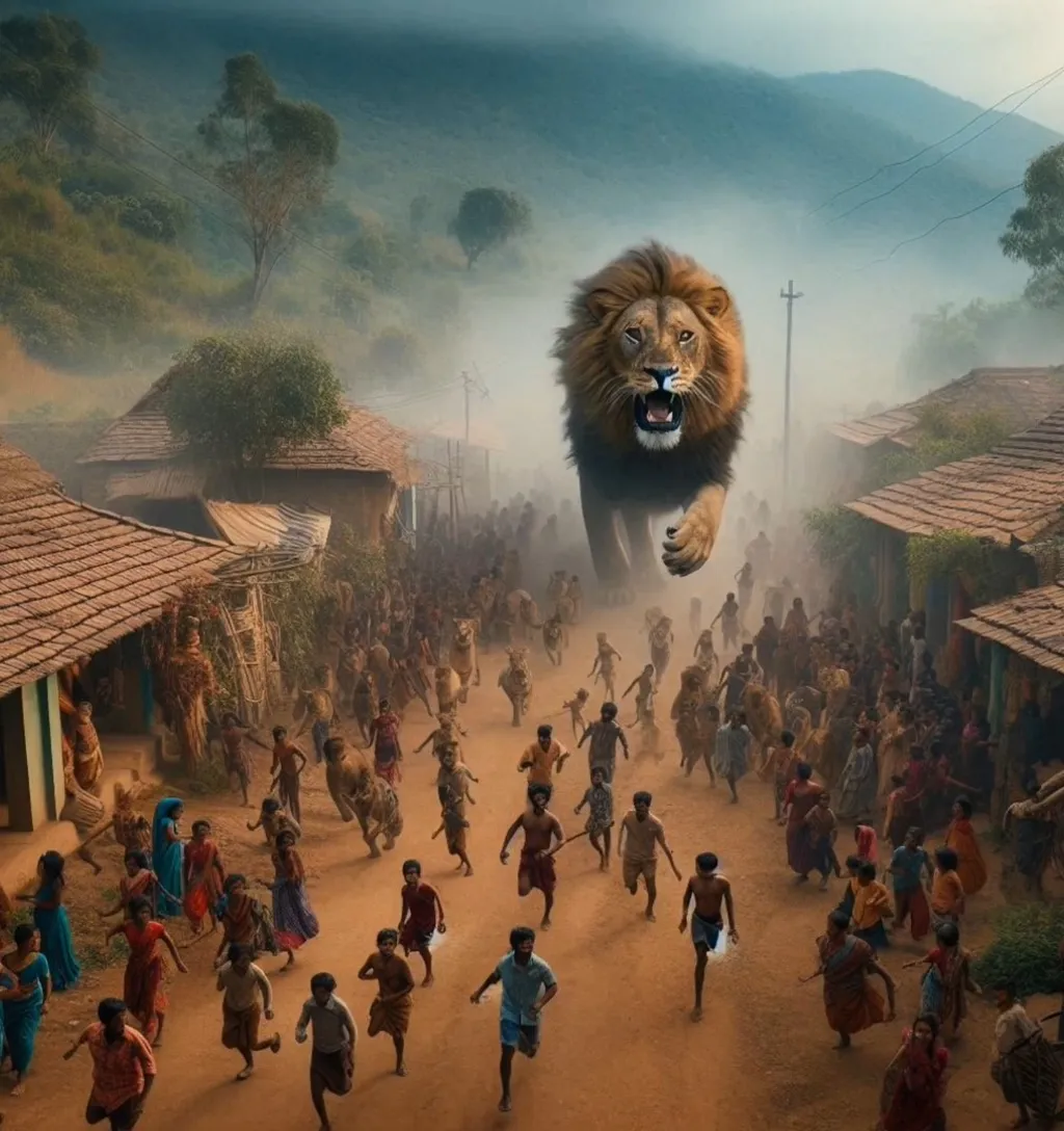 a group of people running away from giant lion