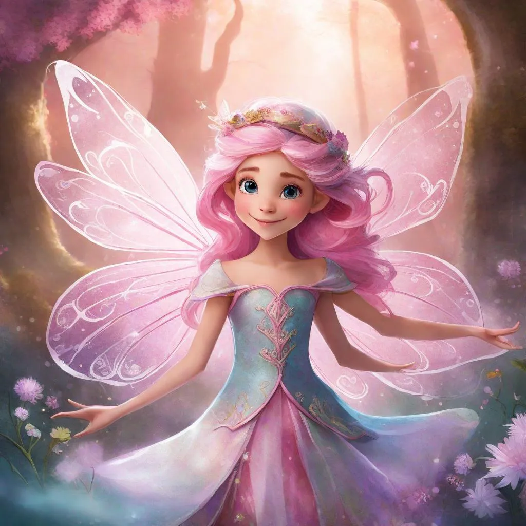 A fairy with pink hair standing in a mushroom circle in a mystical forest