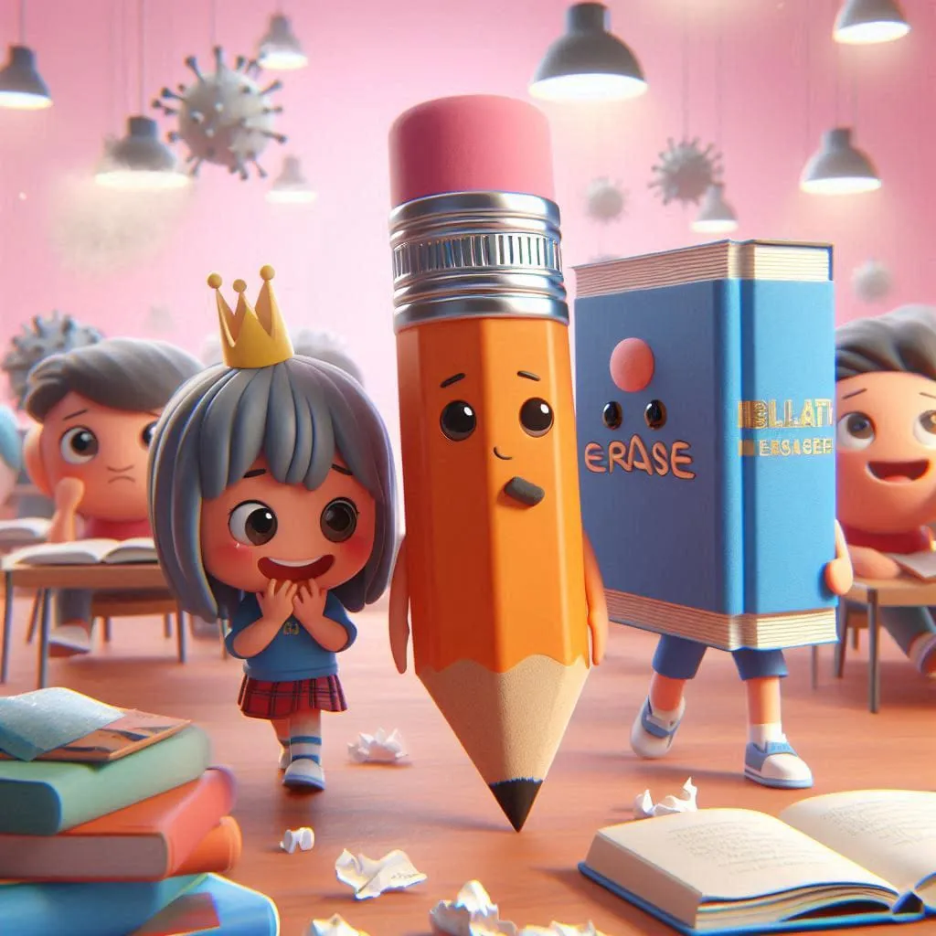 a group of cartoon characters standing next to a giant pencil