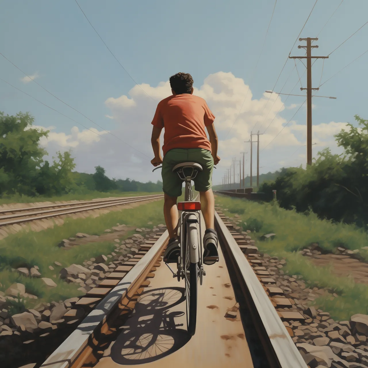 a man riding a cycle down a train track in rural india