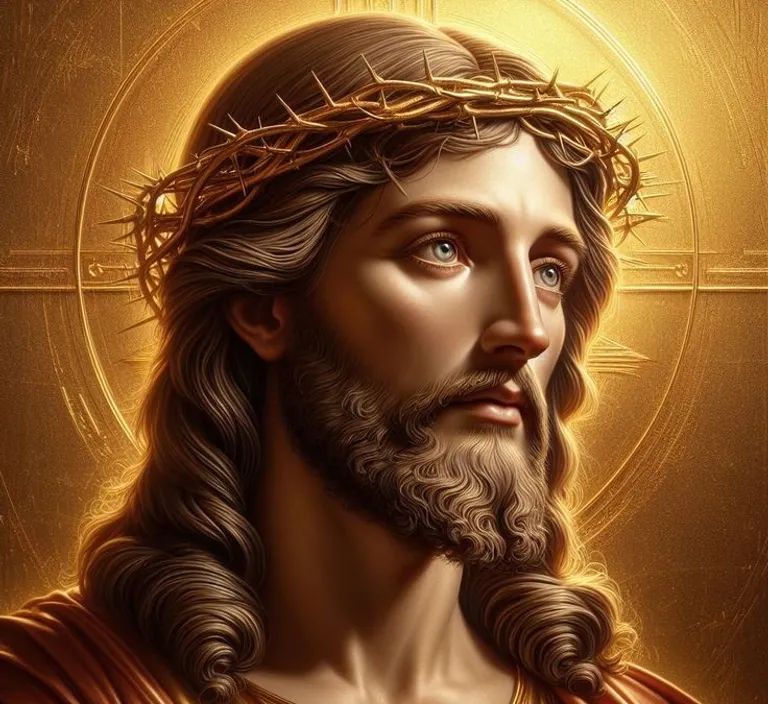 a painting of jesus wearing a crown of gold