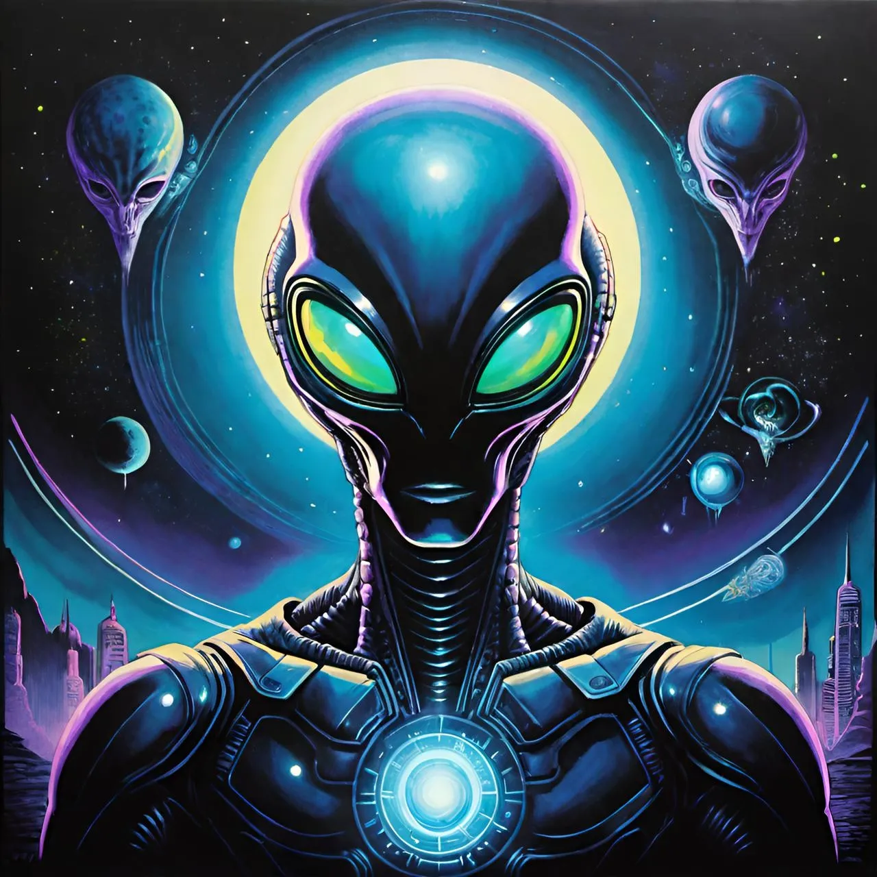 a painting of an alien with glowing eyes