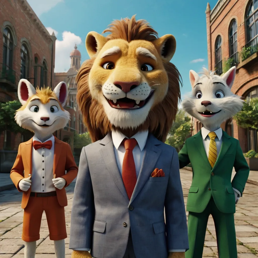 a group of animated animals in suits and ties, happy, moving and talking to each other