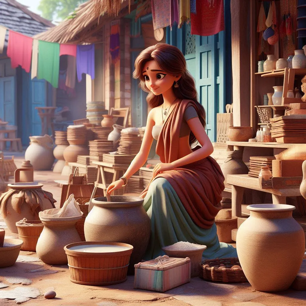 a woman in a dress sitting on a pile of pottery