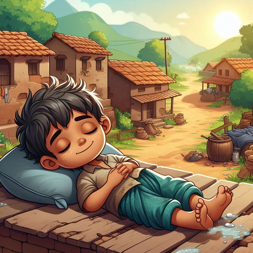 a boy laying on a wooden plank in front of a village