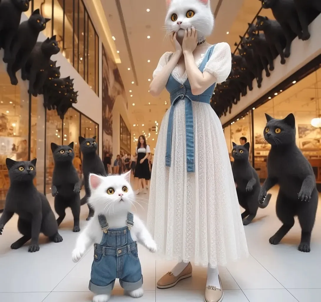 a woman in a white dress standing next to a white cat