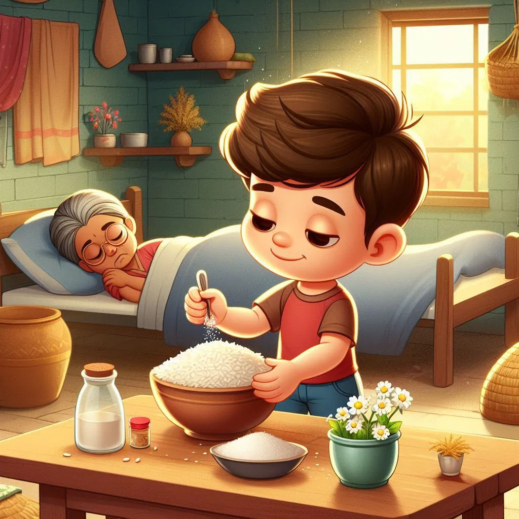 a little boy is eating rice in a bed room