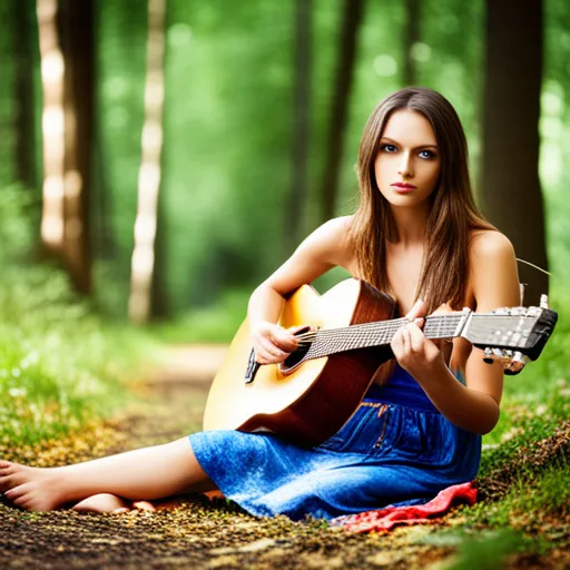 a woman sitting on the ground playing a guitar