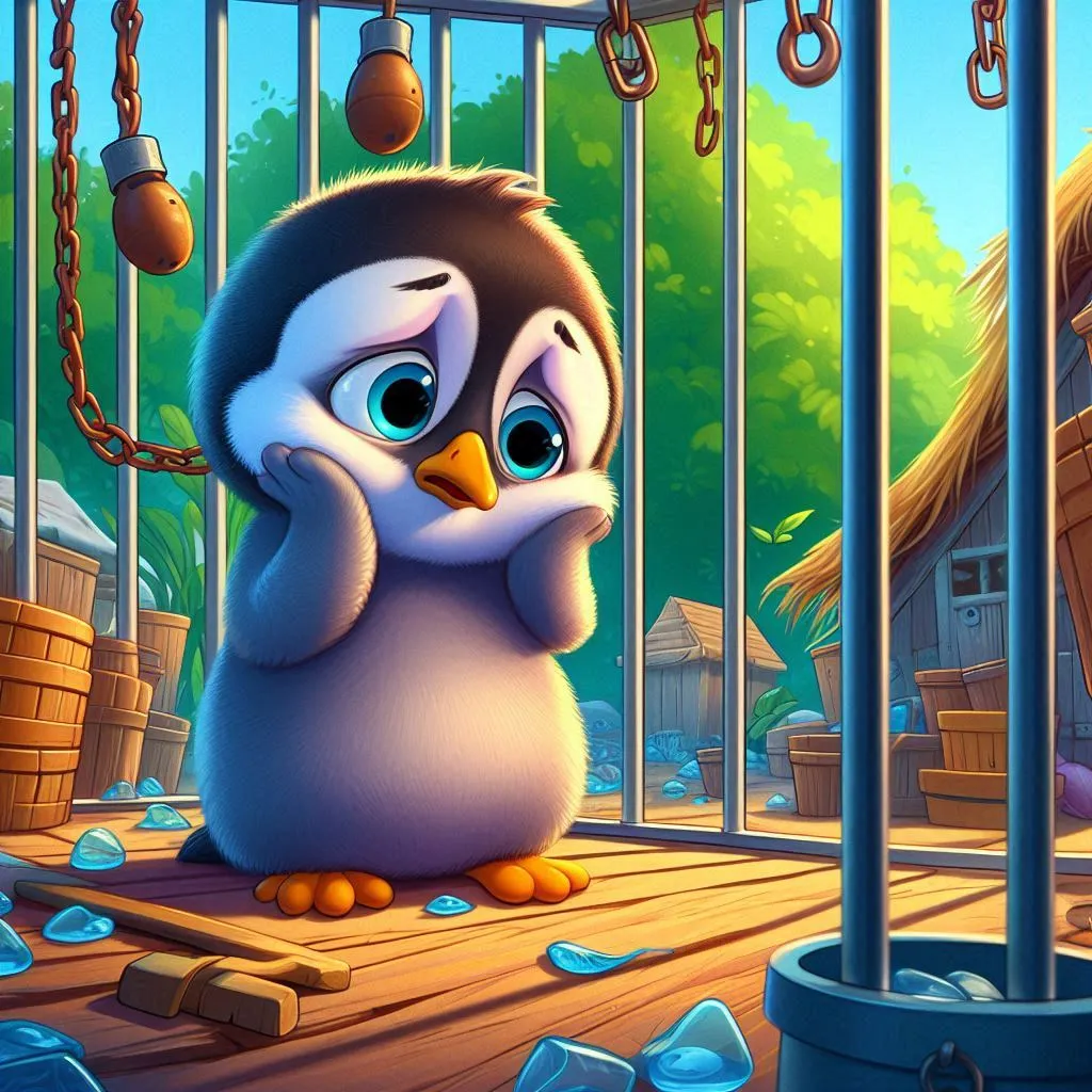 a cartoon penguin standing in front of a cage