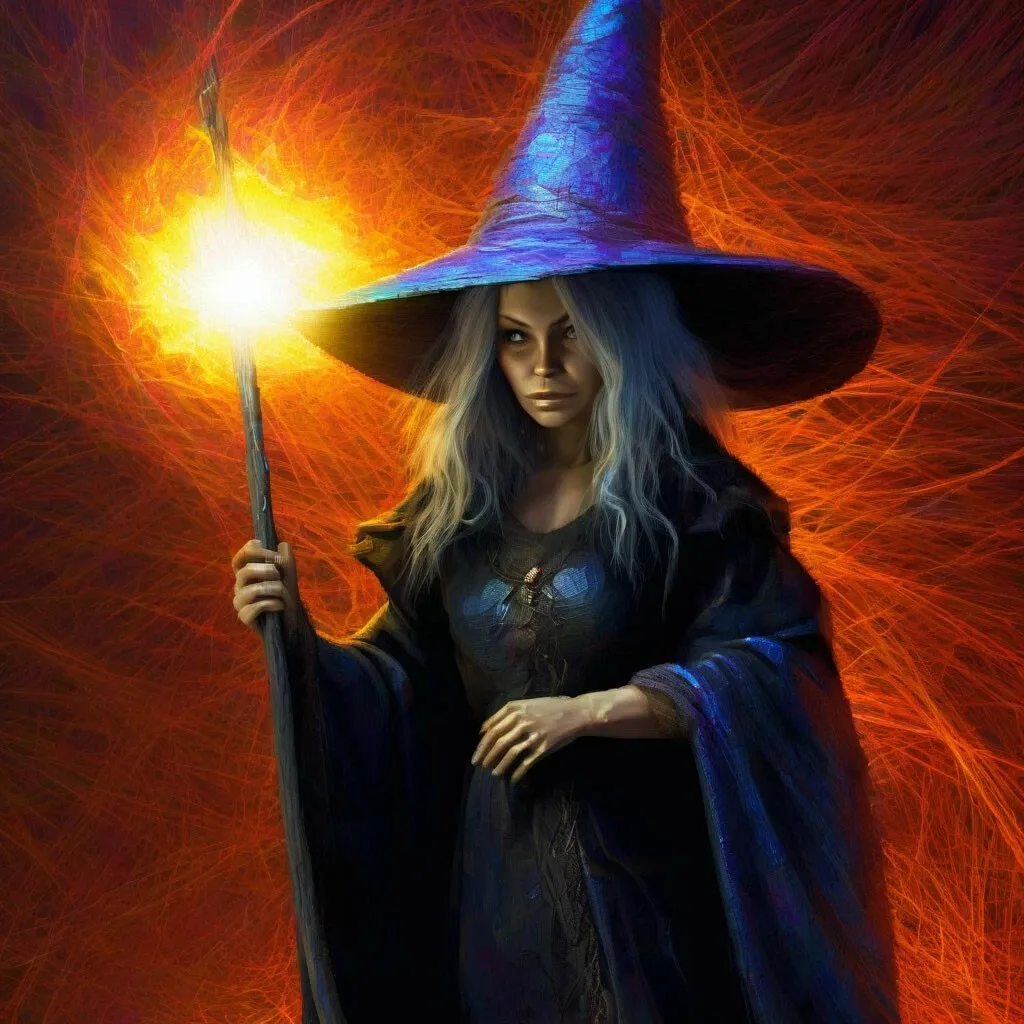 a woman in a witches hat holding a wand