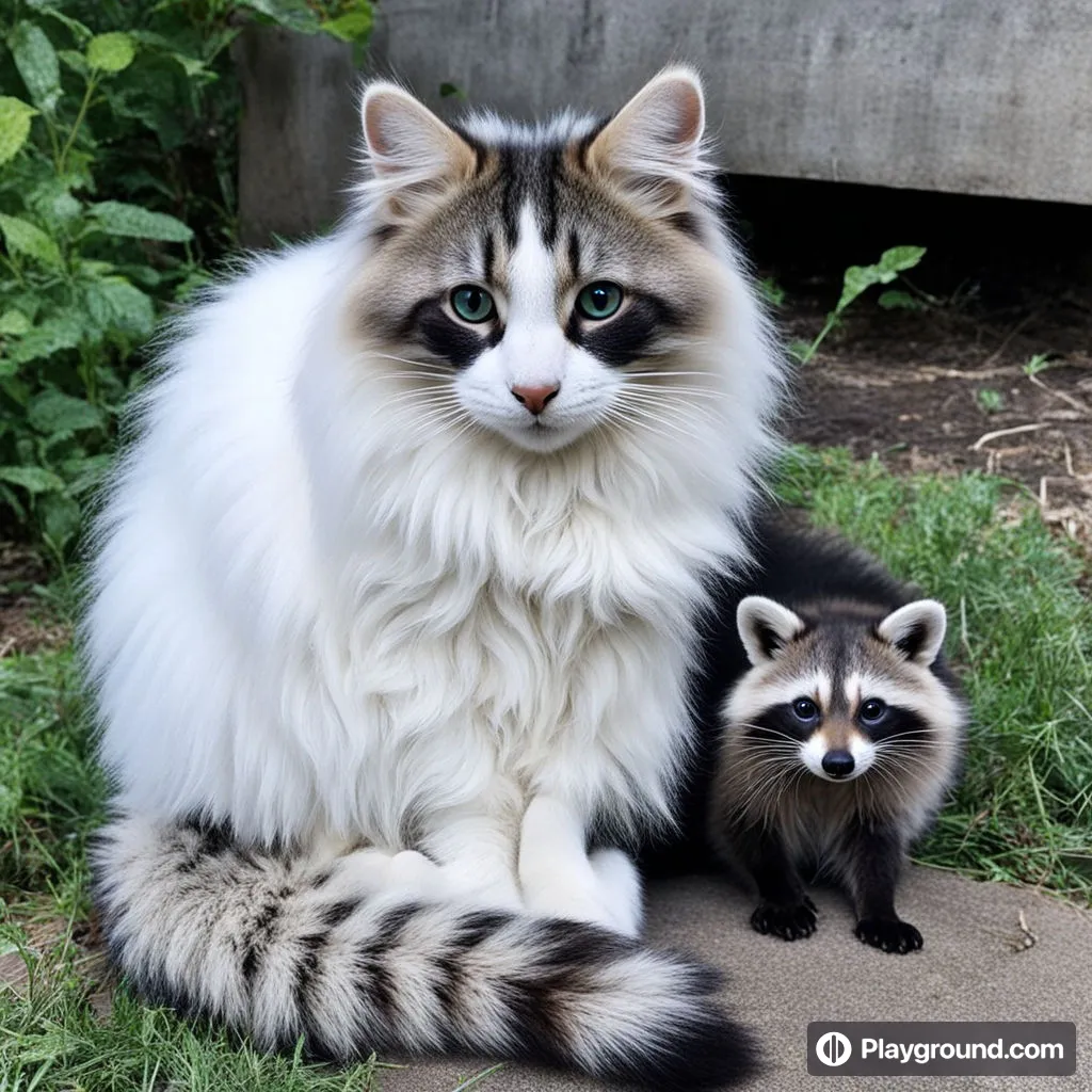 a cat and a raccoon sitting on the ground