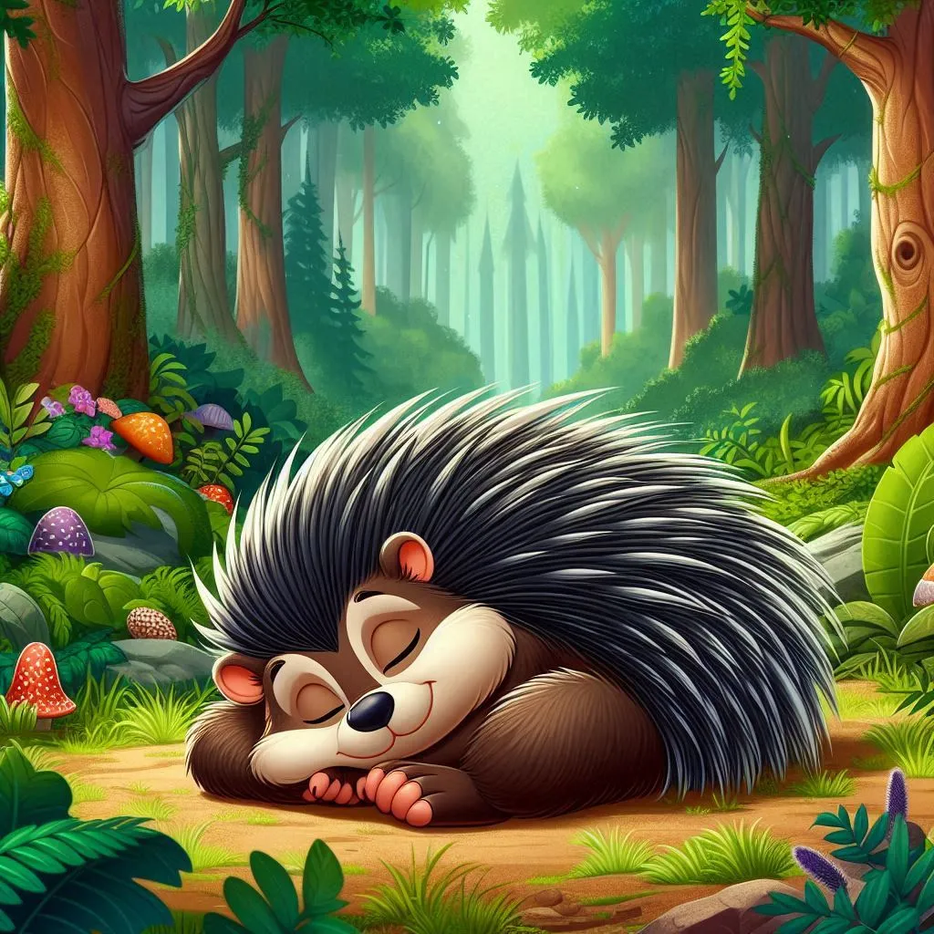 a hedgehog sleeping in the middle of a forest