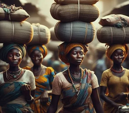 a group of women carrying bags on their heads