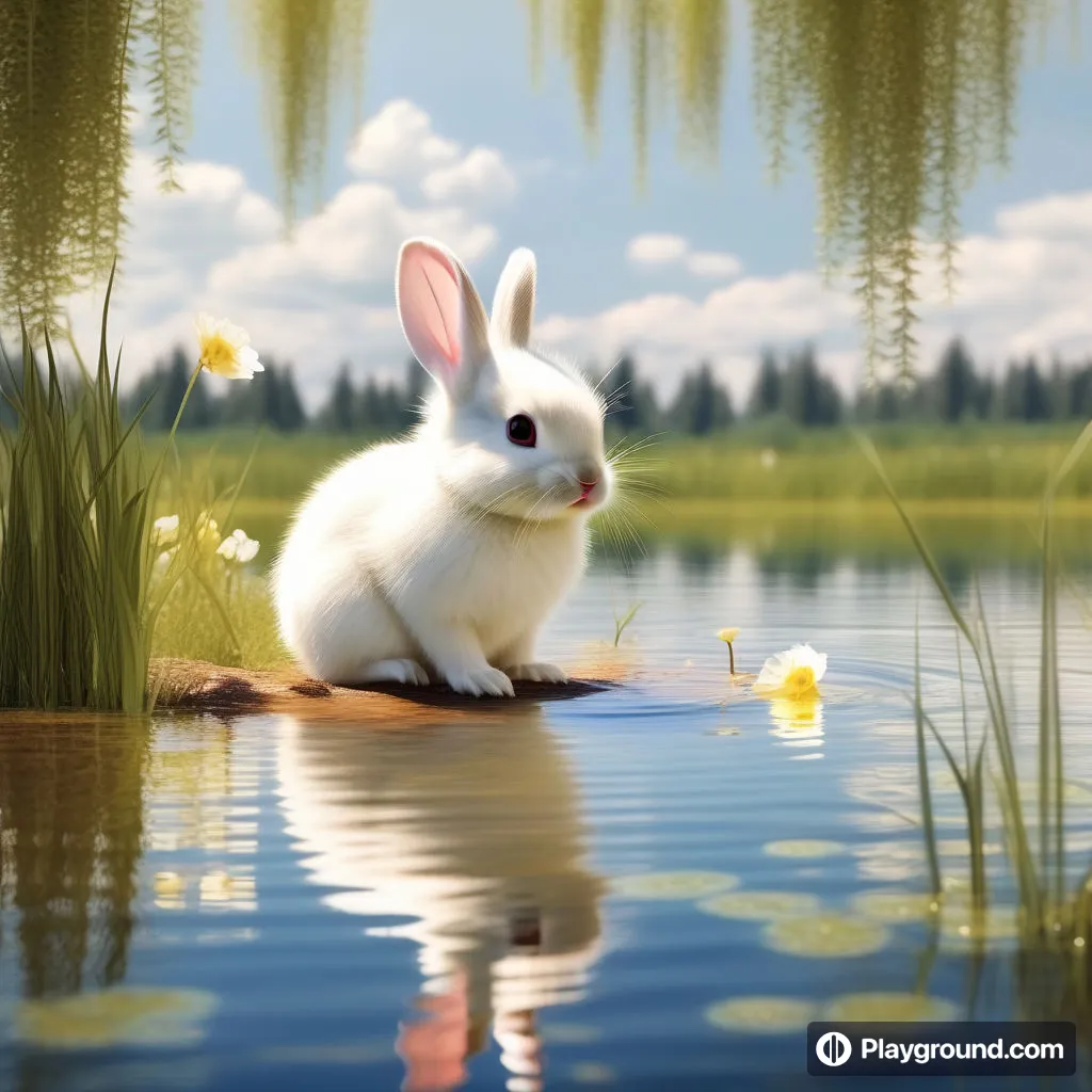 a white rabbit sitting on top of a body of water