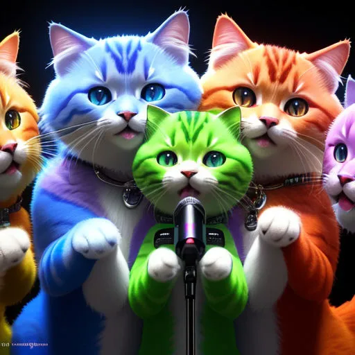 a group of cats standing in front of a microphone