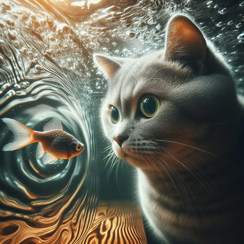 a cat looking at a fish in the water