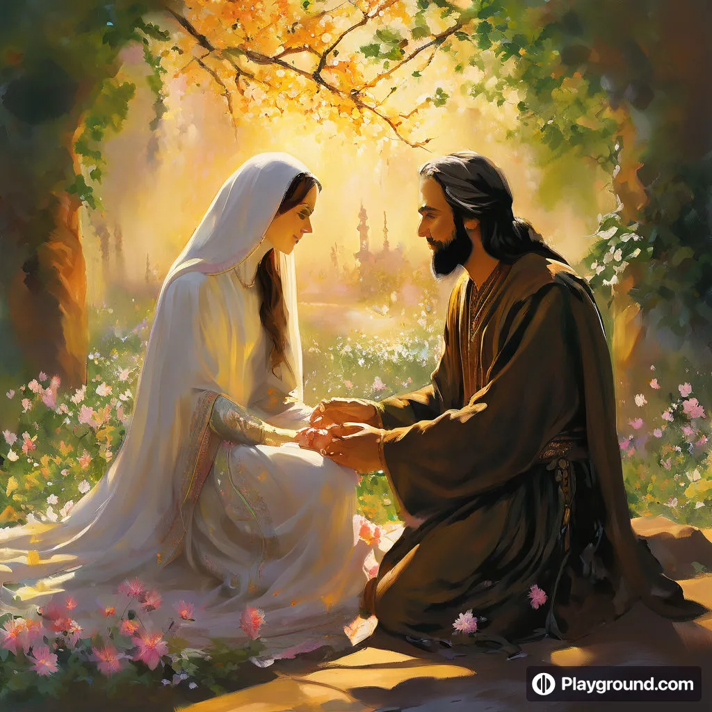 a painting of jesus and a woman in a garden