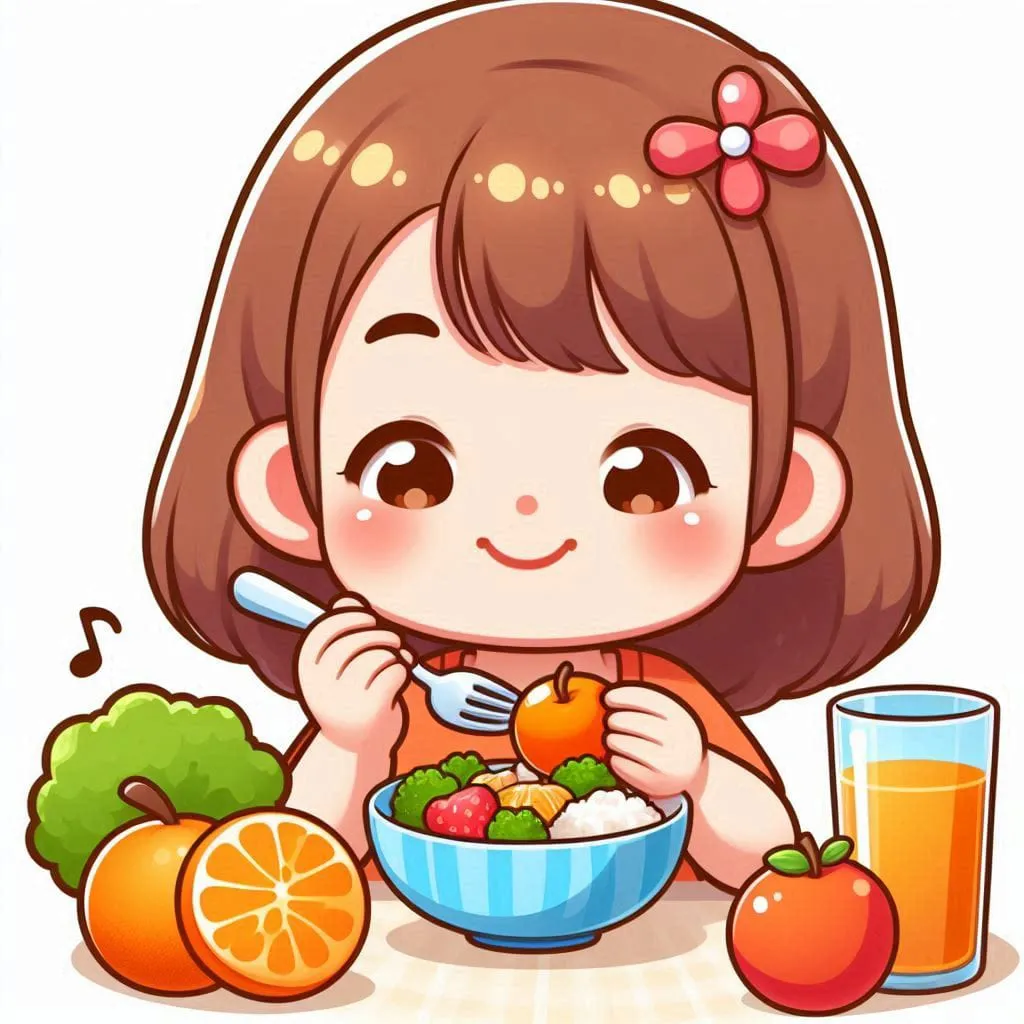 a little girl eating a bowl of fruit and a glass of juice