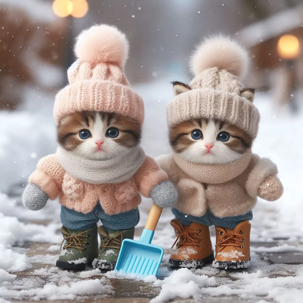 a couple of cats standing on top of snow covered ground